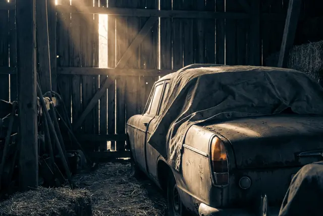 Dusty vintage project car under a half-pulled canvas cover in a barn shaft of light