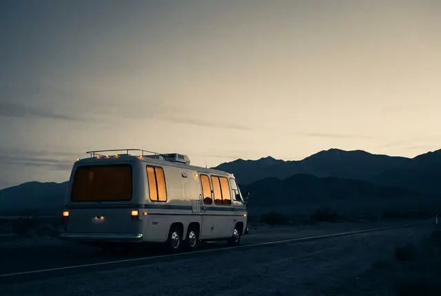 Motorhome driving an empty dusk highway toward distant mountains